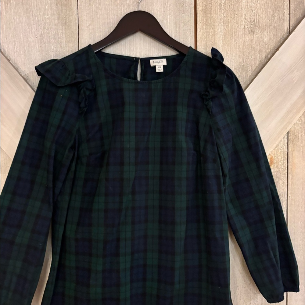J. Crew Plaid Blouse with Ruffle Sleeves - Navy and Green
